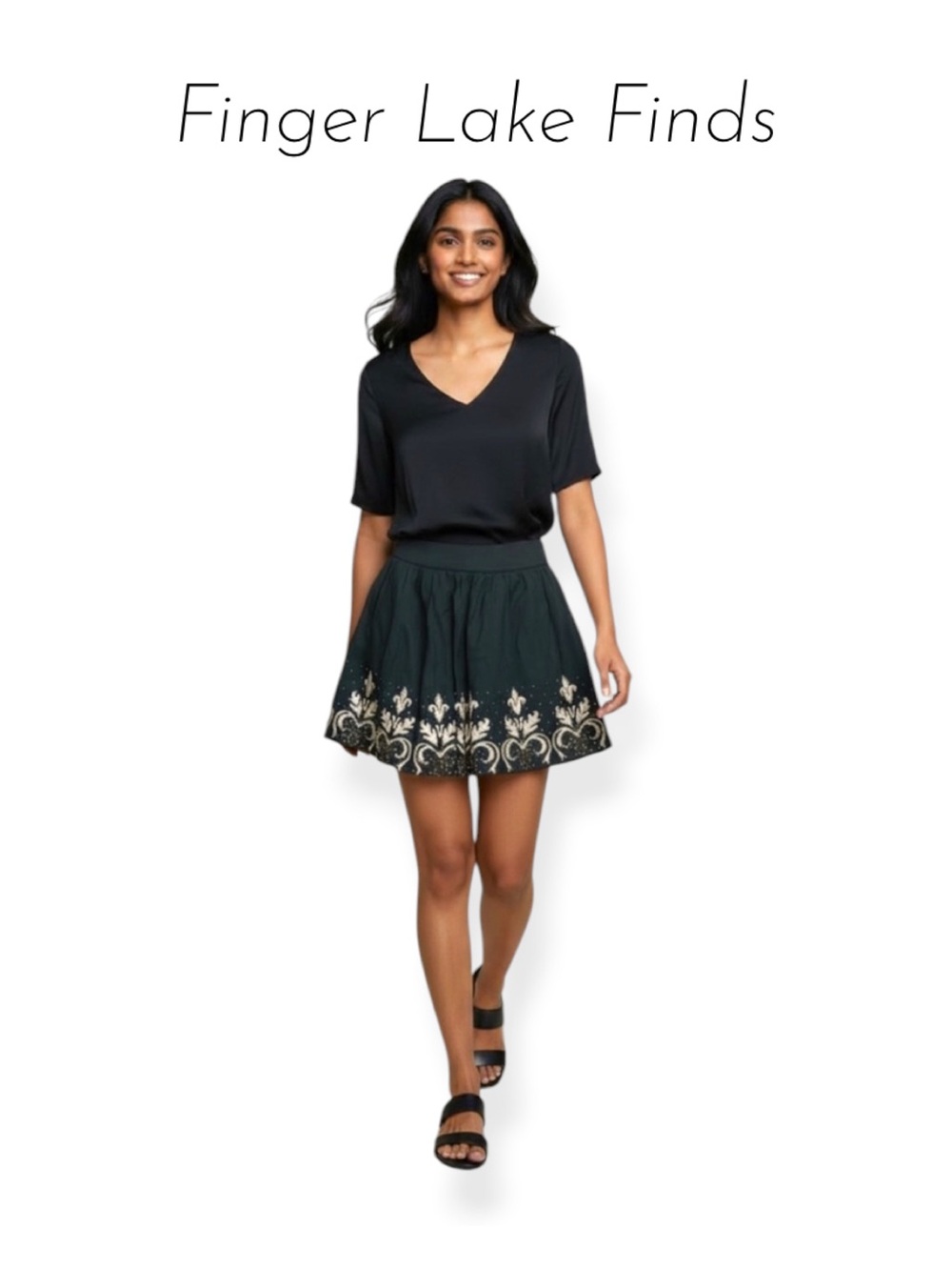 Black Satin Embroidered & Beaded Skirt, S